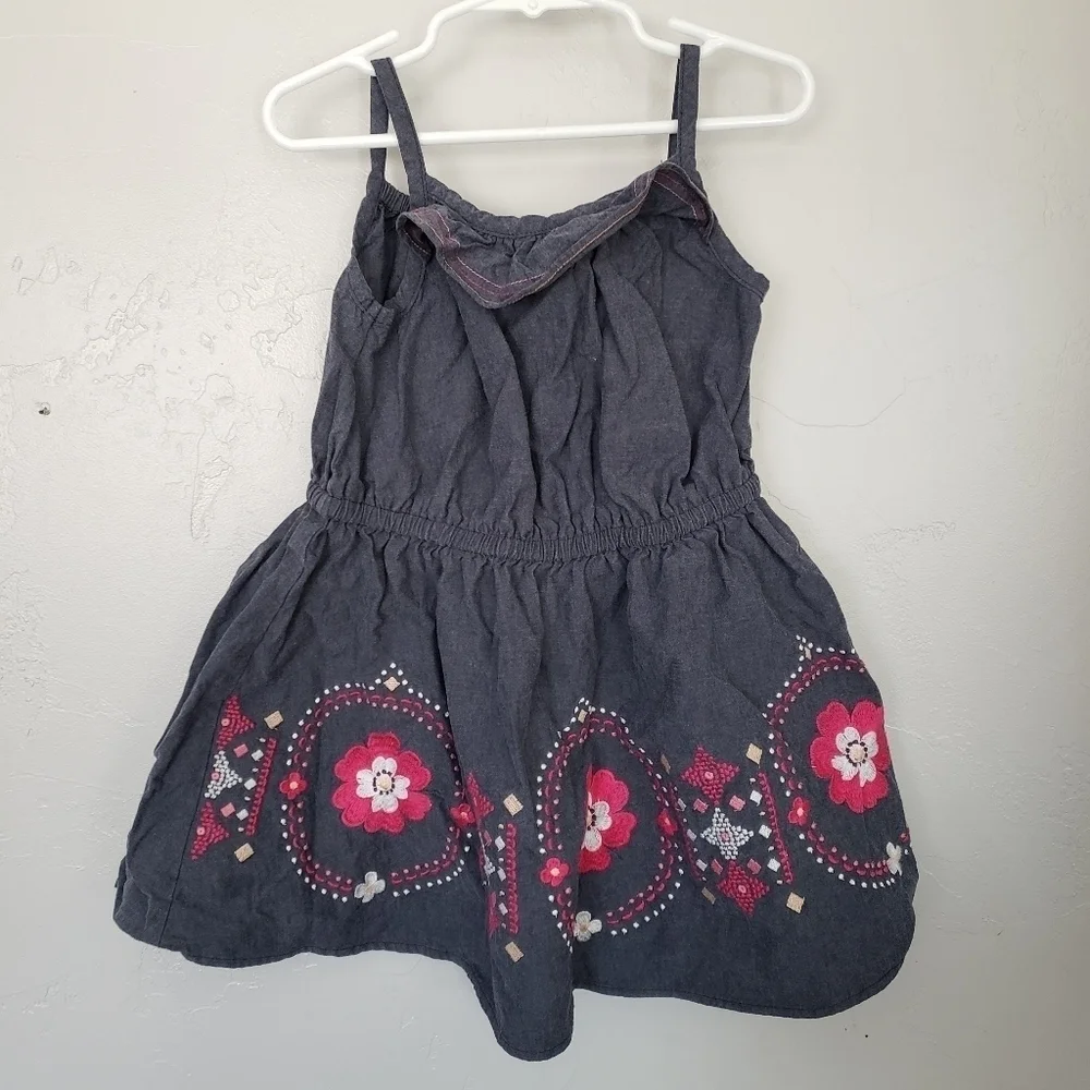 Gymboree Little Girl 4 Dark Wash Dress Spaghetti Strap Pink Embroidered Flower